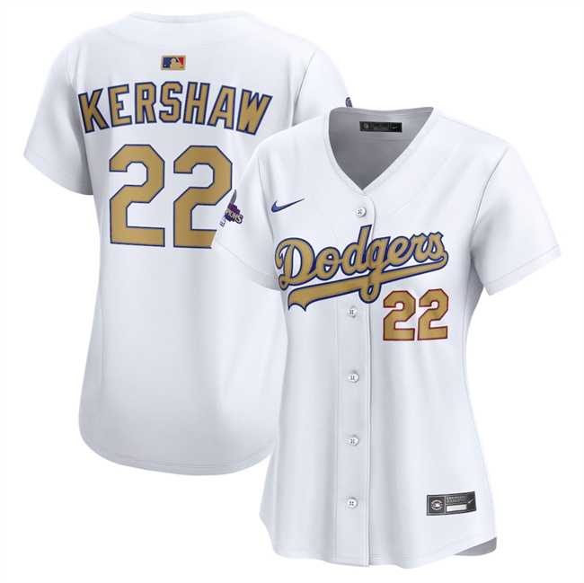 Womens Los Angeles Dodgers #22 Clayton Kershaw White 2025 Gold Collection Limited Stitched Jersey Dzhi